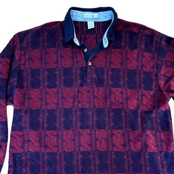 Vtg '90s Penguin Club Burgundy & Blue All Over Design Long Sleeve Polo Shirt XL - Picture 1 of 9